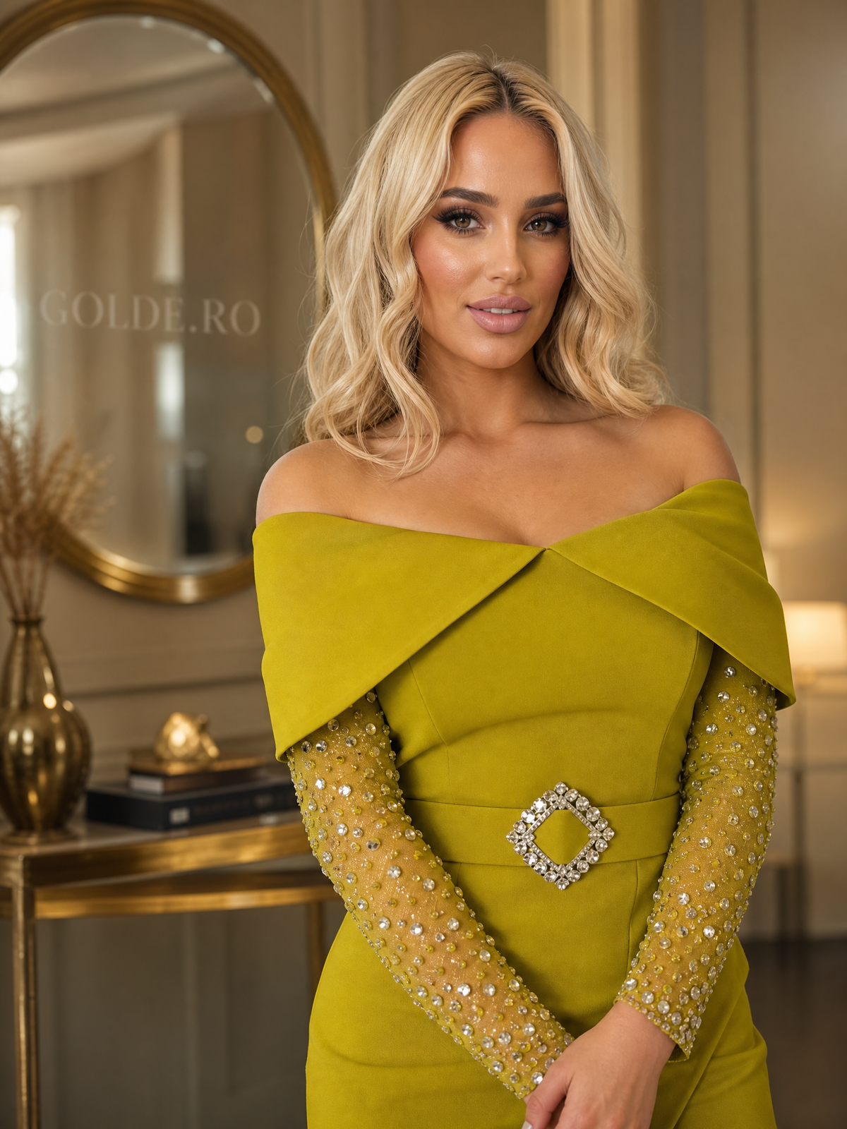 Rochie Midi Bardot Verde Chartreuse - detaliu - GOLDE