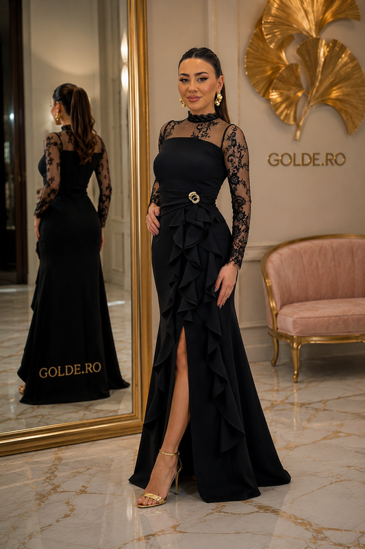 Rochie Lungă Neagră Luxury cu Dantelă Chanttily
