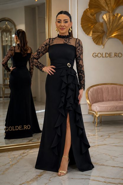 Rochie Lungă Neagră Luxury cu Dantelă Chanttily