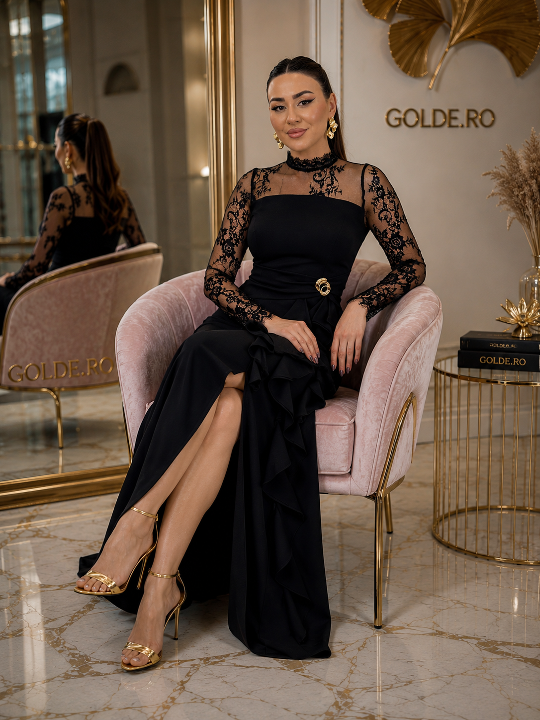 Rochie Lungă Neagră Luxury cu Dantelă Chanttily