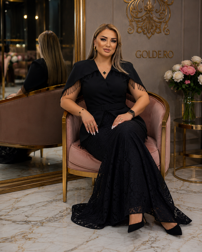 Rochie Elegantă Neagră Luxury cu Franjuri și Dantelă