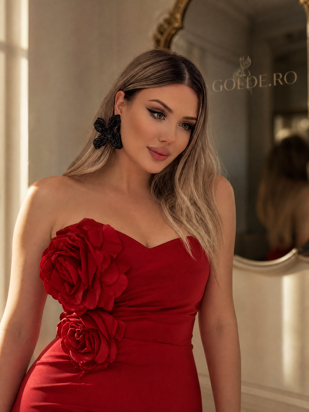 Rochie Rosu Trandafiri 3D - detaliu - GOLDE