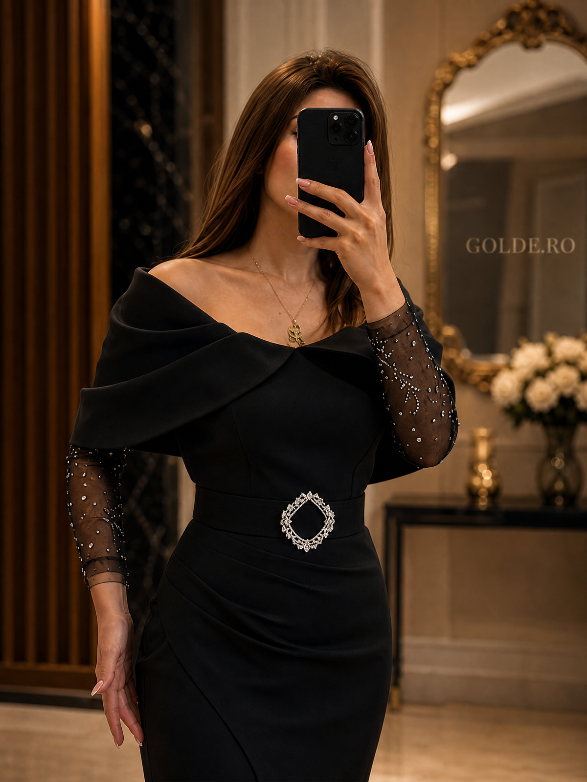 Rochie Lunga Negru - detaliu - GOLDE