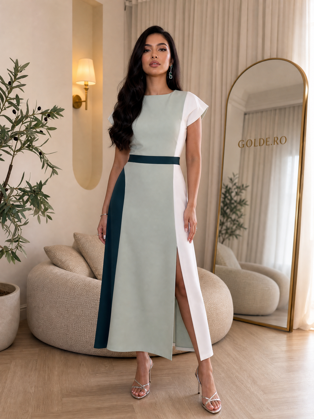 Rochie Lungă Colorblock cu Curea și Mâneci Capă - fața