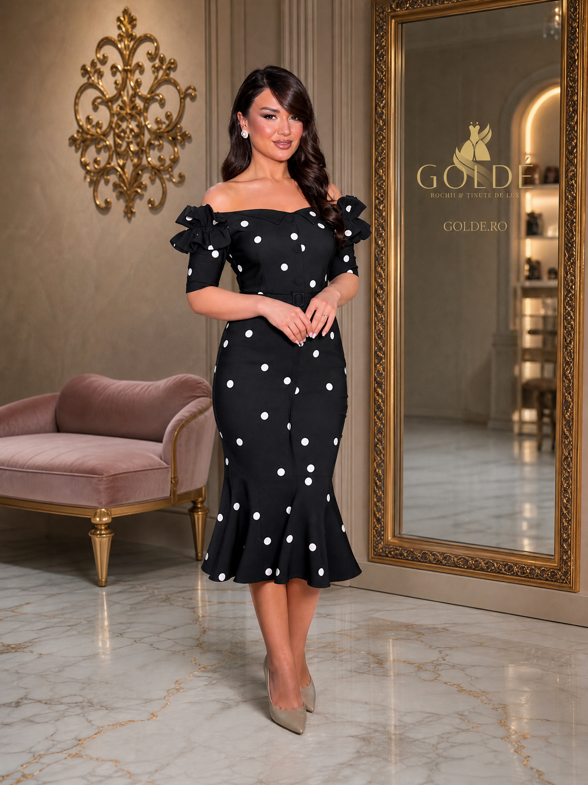 Rochie negru cu buline albe GOLDÉ - vedere frontală