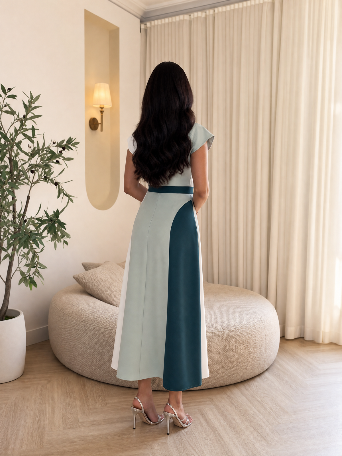 Rochie Lungă Colorblock cu Curea și Mâneci Capă - spate
