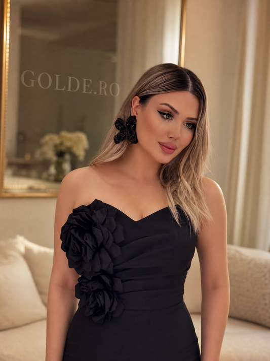 Rochie Neagra Trandafiri 3D - detaliu - GOLDE